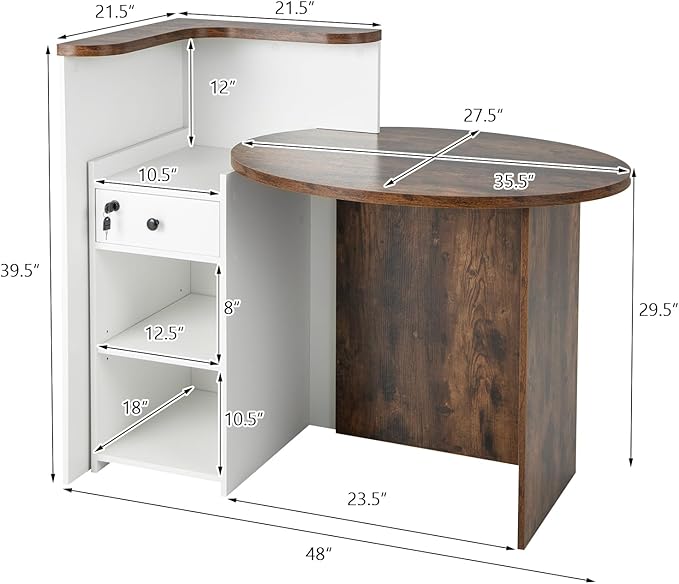 MAT EXPERT Reception Desk Front Desk with Open Shelves Lockable Drawer Round Tabletop Checkout Counter Retail Counter Computer Workstation for Office (White Cabinet &amp Rustic Brown Desktop)