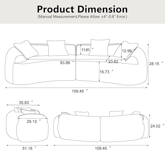 109'' Modern Curved Sectional Sofa Luxury Plush Chenille Upholstered Couch Comfy Cloud Compressed Sofa with 4 Pillows for Living Room Apartment Office No Assembly Needed Orange