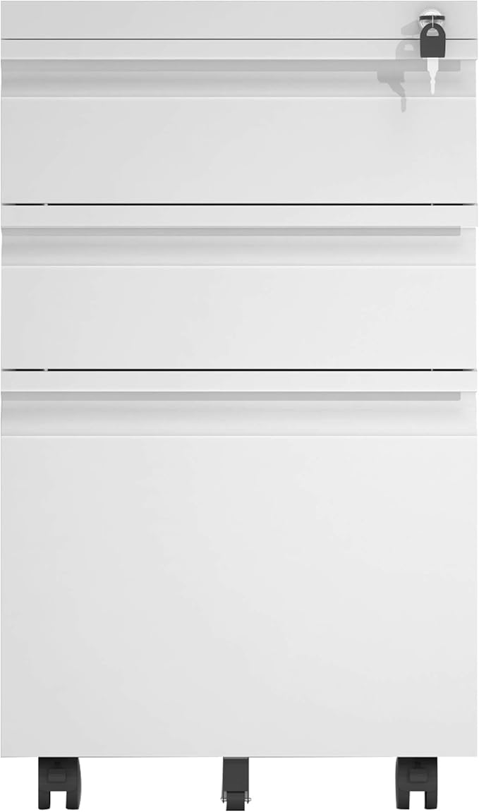 Steel 3 Drawer File Cabinet with Lock Rolling Locking Filing Cabinet with Wheels Mobile Metal Steel Office Cabinets Under Desk with Key