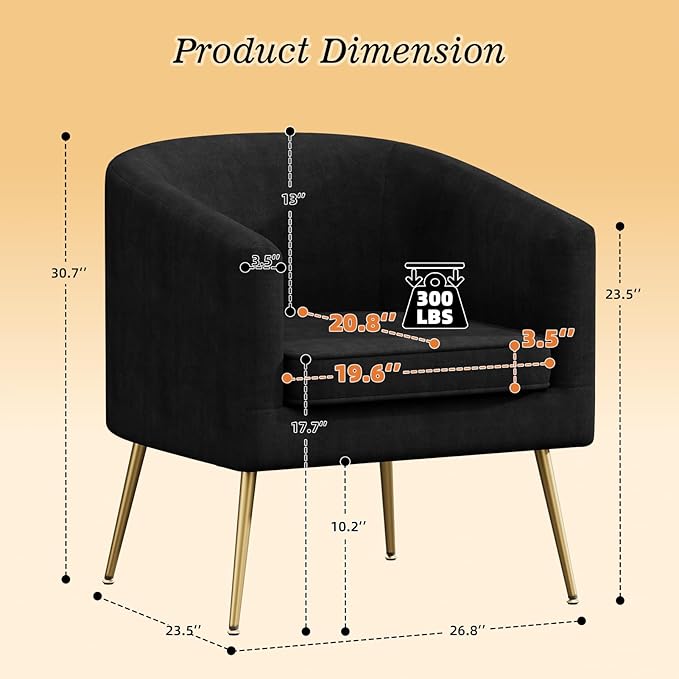 Velvet Barrel Chair Modern Accent Chair with Metal Sturdy Legs Club Chair Comfy Armchair Modern Tub Chair for for Living Room Bedroom Waiting Room Black