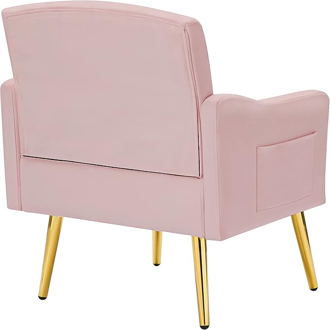 kevinplus Velvet Accent Chair Living Room Chair Leisure Single Sofa Chair Comfy Vanity Chair for Bedroom Modern and Mid-Century Armchair Sitting Chair for Reading Relaxing Gold Metal Leg Pink