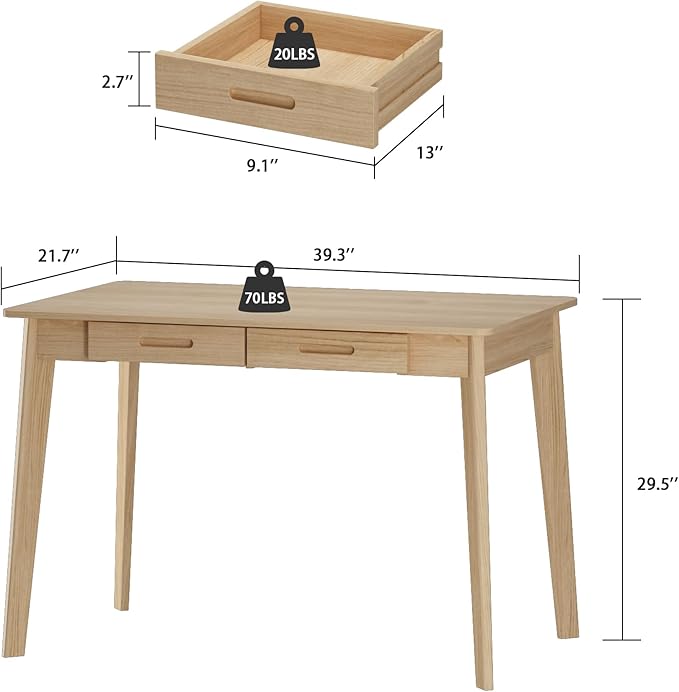 Home Office Computer Desk Coner Desk with 2 Drawers Study Writing Table for Home Office Study Wood Color (39.3 ”W x 23.6”D x 29.1”H)