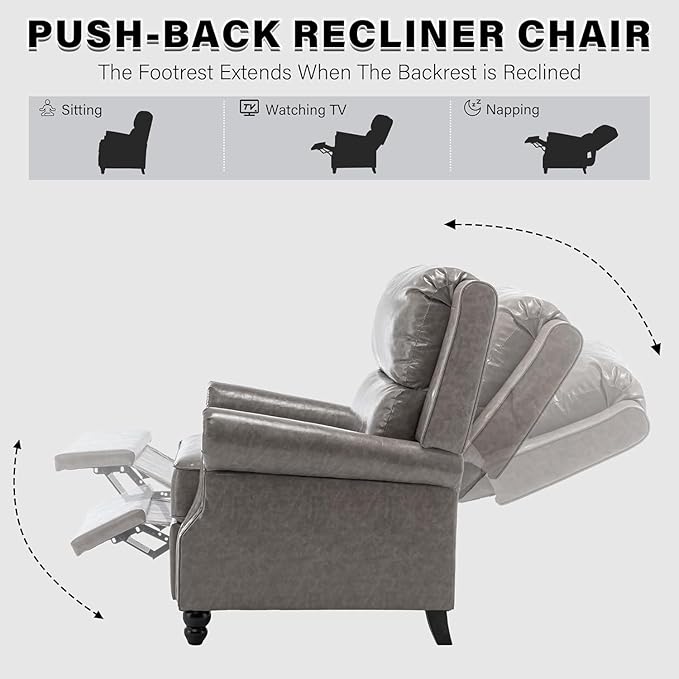 UIXE PU Leather Pushback Recliner Chairs Set of 2 Overstuffed Armchair Push Back Accent Chair for Living Room Rivet Trim Club Chair Home Theater Single Sofa Bedroom Side Reading Seat - Gray