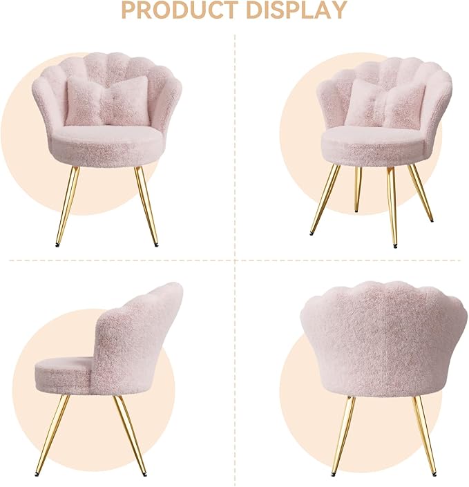 Plush Sherpa Accent Chair with Gold Metal Legs Fluffy Vanity Chair for Makeup Room Upholstered Guest Chair for Living Room for Bedroom Pink