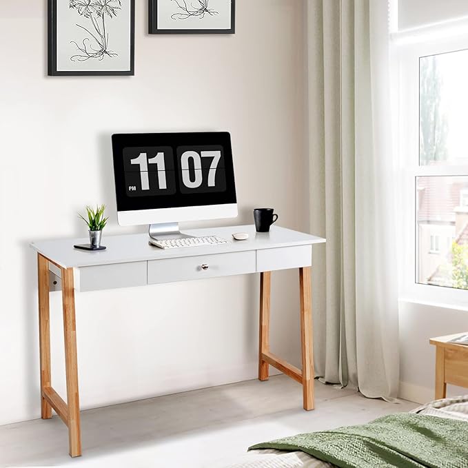 COSTWAY 42 Computer Desk with Storage Drawer Modern Home Office Writing Study Table with Solid Rubber Wood Legs &amp Non-Slip Foot Pads Multifunctional Makeup Vanity Dressing Table (Wood and White
