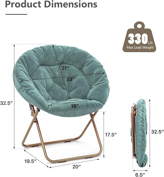 Cozy Saucer Chair Living Room Chair Faux Fur Soft Thick Padded Seat Metal Frame Folding Chair Comfortable Moon Chair for Living Room Bedroom Reading Nook Modern Style 2 Pack Green