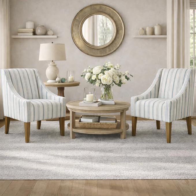Homepop Home Decor Upholstered Classic Swoop Arm Accent Chair Accent Chairs for Living Room &amp Bedroom Decorative Home Furniture Ivory &amp Gray Stripe