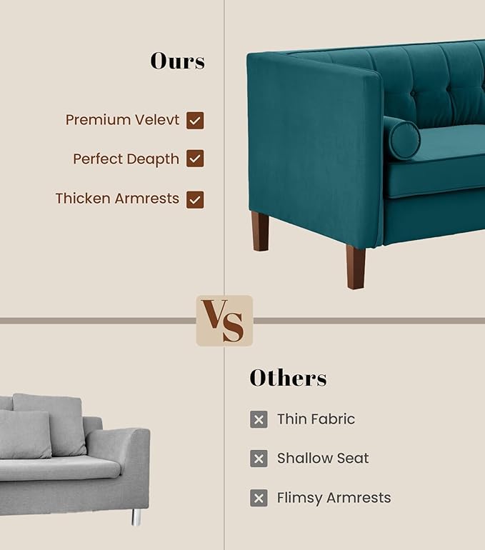 Dreamsir 58'' W Velvet Sofa Mid-Century Love Seats Sofa Furniture with Bolster Pillows Button Tufted Couch for Living Room Tool-Free Assembly (Loveseat Peacock Blue)