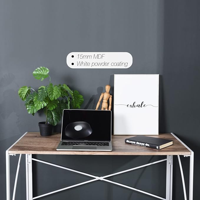 Homy Casa 39.4 Inch Industrial Folding Computer Desk Oak Wood Top with White Steel Frame no Assembly Space Saving Design for Office Studyroom