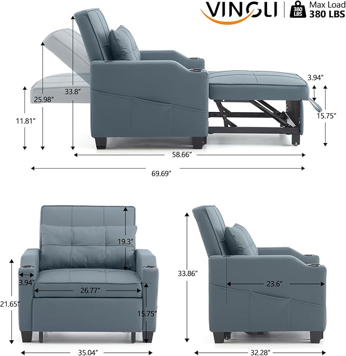 VINGLI 3-in-1 Convertible Sofa Bed Recliner with Adjustable Backrest USB Ports Cup Holders for Small Spaces Living Room