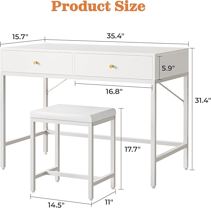 SUPERJARE 35.4 White Desk with 2 Drawers Modern Makeup Vanity with Padded Stool Small Computer Desk Home Office Desk for Writing Study Bedroom