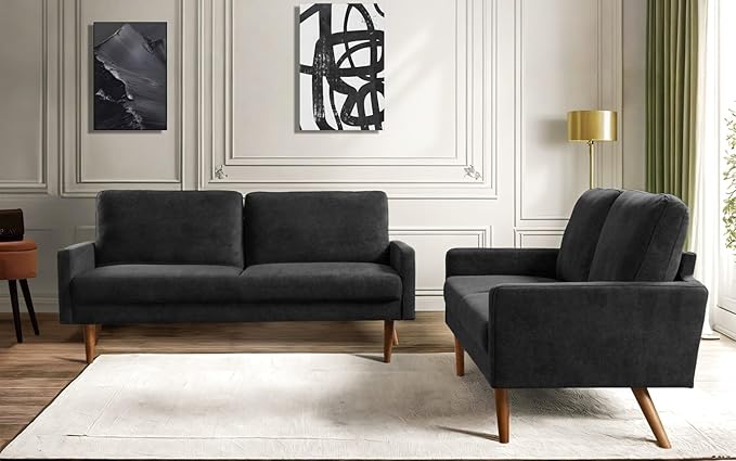 Kent 2 Piece Velvet Sofa and Loveseat Set European Style with Modern &amp Vintage Flair Upholstered 5 Seater Couch Chic Living Room Furniture Seating for Home Apartment or Office Black