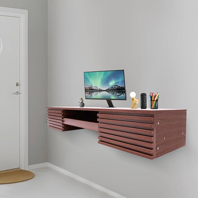 Wall Mounted Desk with Pull Out Drawer Floating Wall Organizer Laptop Computer Writing Study Table 15.5 D x 60 W x 9.5 H Space-Saving Wall Organizer Computer Desk for Home Office (Brown)