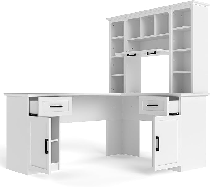 L Shaped Desk with Hutch Corner Computer Desk with Storage Shelf &amp Cabinet Laptop Pc Table Gaming Desk Workstation Modern Executive Study Writing Desk for Home Office Bedroom (White)