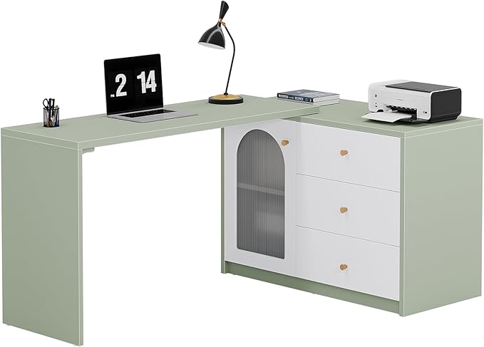 Tribesigns L-Shaped Computer Desk with Drawers Modern Corner Home Office Desk with Reversible Storage Cabinet Long Study Writing Desk Workstation for Home Office Cyan &amp White