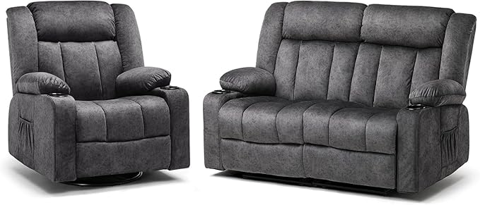 COMHOMA Manual Recliner Chair SetFabric Reclining Sofa Chair with Cup Holders Upholstered Recliner with Side Pockets Suitable for Living Room Furniture (2+1)