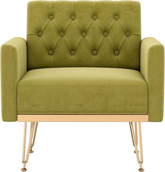 Olela Velvet Accent Chair with Arm for Living RoomModern Armchair Single Sofa Cozy Tufted Upholstered Reading Side Chairs with Gold Metal Leg for Bedroom Decorate(1 Sage Green)