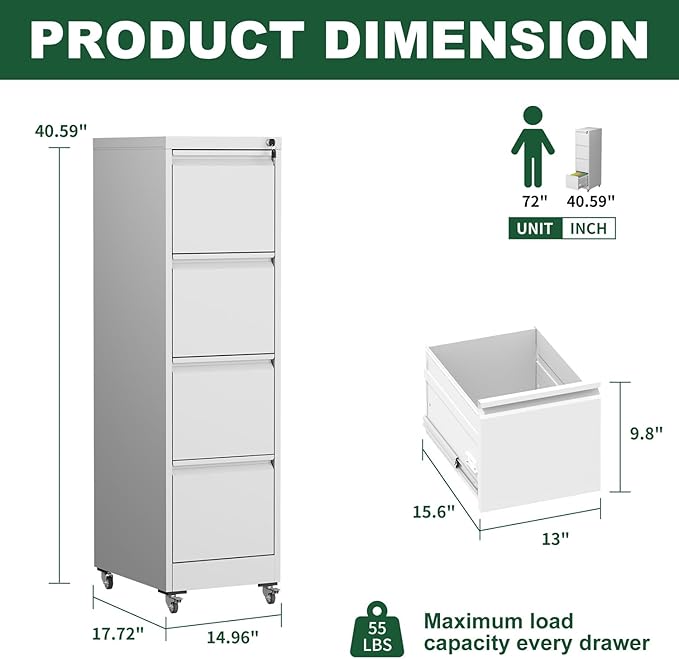 4 Drawer File Cabinet with WheelsMetal Mobile Filing Cabinets with LockBlack Vertical Heavy Duty Storage Cabinet for A4/Letter/Legal Size FileAssembly Required (White 4 Drawer)