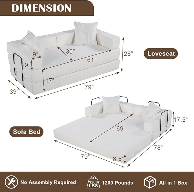 4-in-1 Convertible Folding Sofa Bed 79 Oversized Corduroy Upholstered Boneless Couch Loveseat Sleeper Sofa Bed Floor Sofabed Modular Futon Couch for Living Room Bedroom Lounge (Cream)