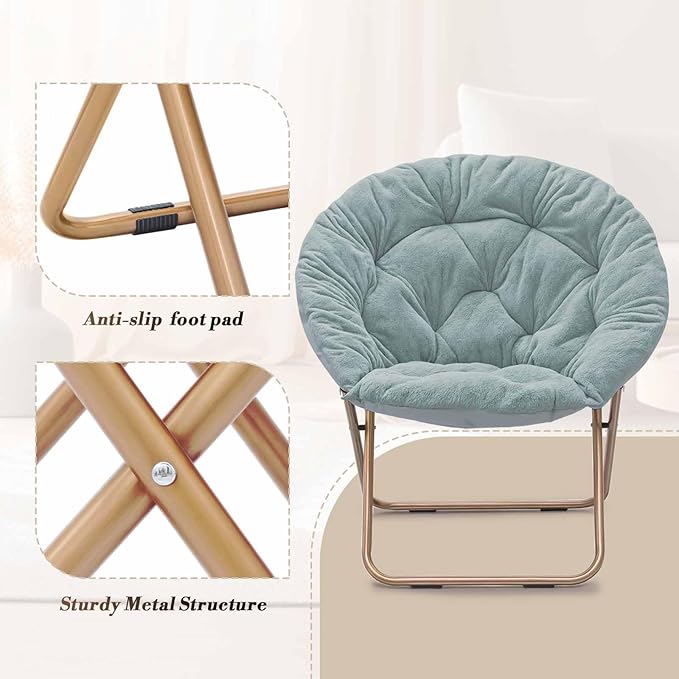 Athena Collection Round Saucer Chair with Ottoman Set for Adults Oversize Comfy Cozy Faux Fur Folding Reading Chair with Metal Leg Lazy Relaxing for Living Room Bedroom Dorm Apartment Teal