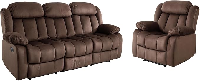 EBELLO Manual Reclining Sofa Set Classic Recliner Sofa with Overstuffed Arms and Backrest Includes 2 Recliner Chair and 1 3-Seat Couch Brown