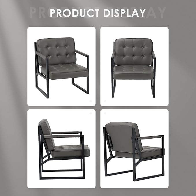 COLAMY Accent Chairs Set of 2 Modern Accent Arm Chairs for Living Room Comfy Leather Armchairs with Metal Legs for Bedroom Reception Room Grey