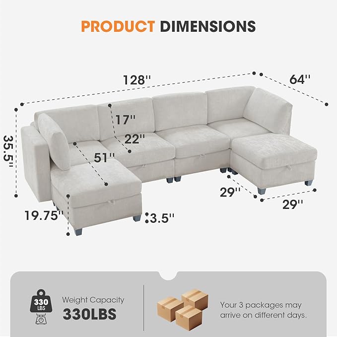 6 Seat Modular Sectional Sofa with Storage Convertible Sectional Couch Modular Sofa with Chaise Living Room Furniture Sets U Shaped Couch with Ottoman Couches for Living Room Beige Textured