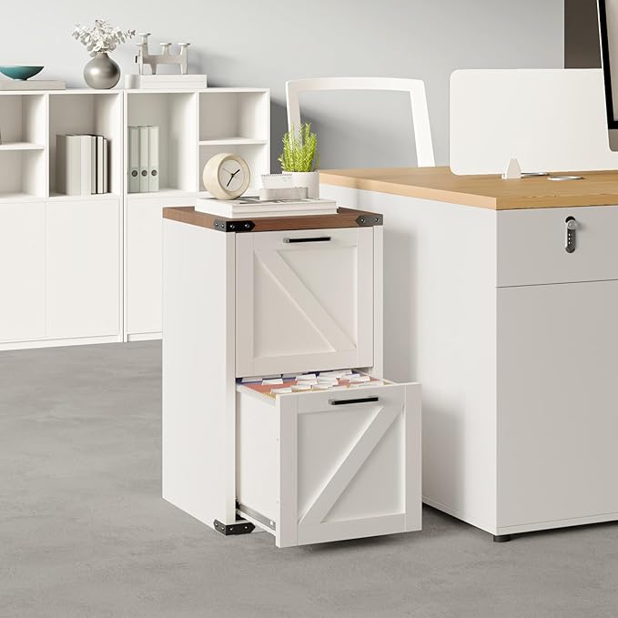 VINGLI 2 Drawer Farmhouse Metal File Cabinet Home Office Filing Organizer for Letter File Folder Storage Printer Stand with Drawers Archivador Vertical Filing Cabinet for Study Business (White)