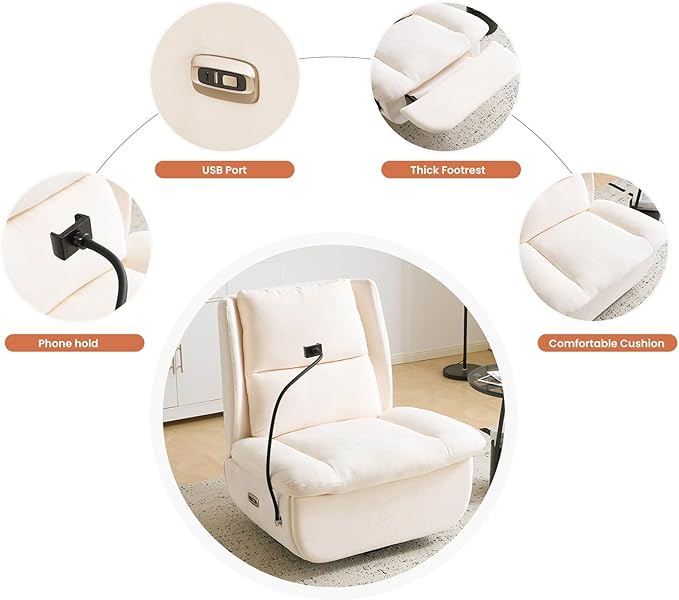 Swivel Rocker Recliner Chair Oversized Armless Recliner with Phone Holder &amp USB Port Power Recliner Chair for Adults Cross Legged Glider Rocking Chair for Living Room Chenille Beige