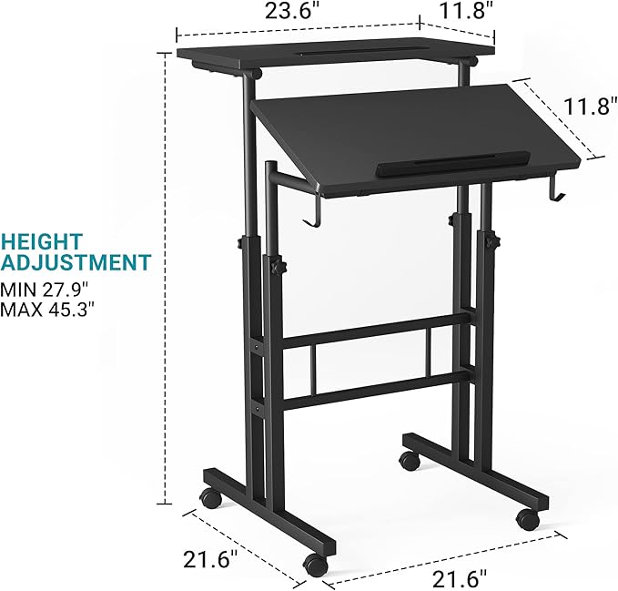 Klvied Adjustable Height Standing Desk with Cup Holder Portable and Easy to Move Ideal for Home or Office Black