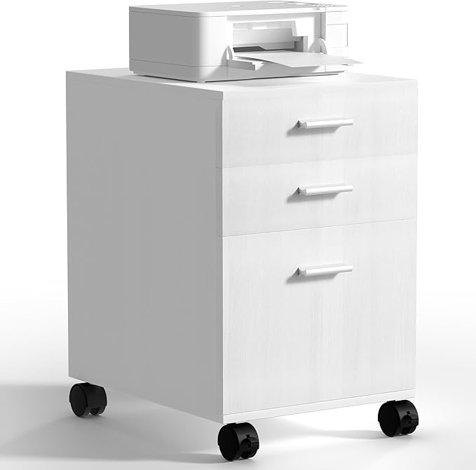 3 Drawer File CabinetPreassembled White Wooden Storage Organizer for FilesUnder Desk Printer StandMobile on Wheels19 L x 16 W x 22 H