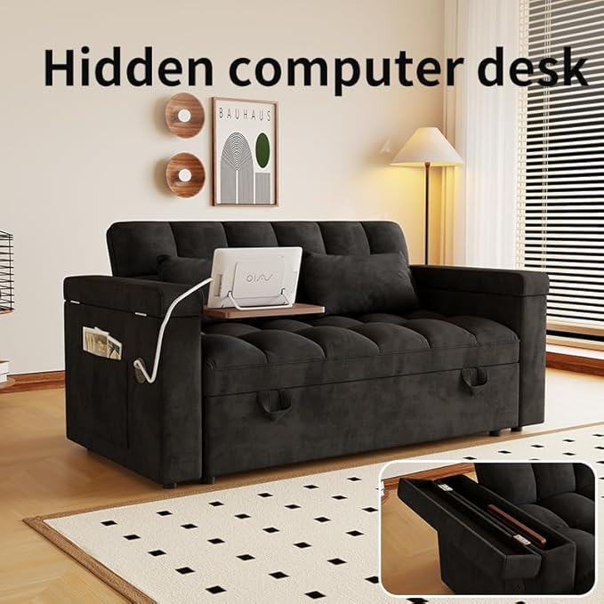 Convertible Sofa Bed 5-in-1 Pull Out Couch with Side Table Loveseat Sleeper Sofas Bed Couch with USB Port 65‘’ Velvet Pull Out Sofa Beds for Living Room Bedroom Apartment