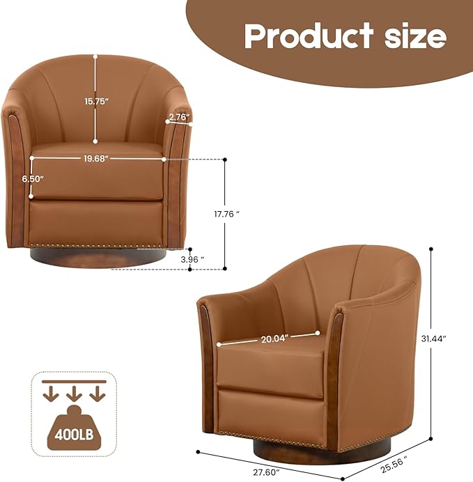 360° Swivel Accent Chair Modern Leather Barrel Club Chair with Leather Upholstery and Sturdy Wood Base Comfortable Armchair for Living Room Bedroom Reading Nook Brown