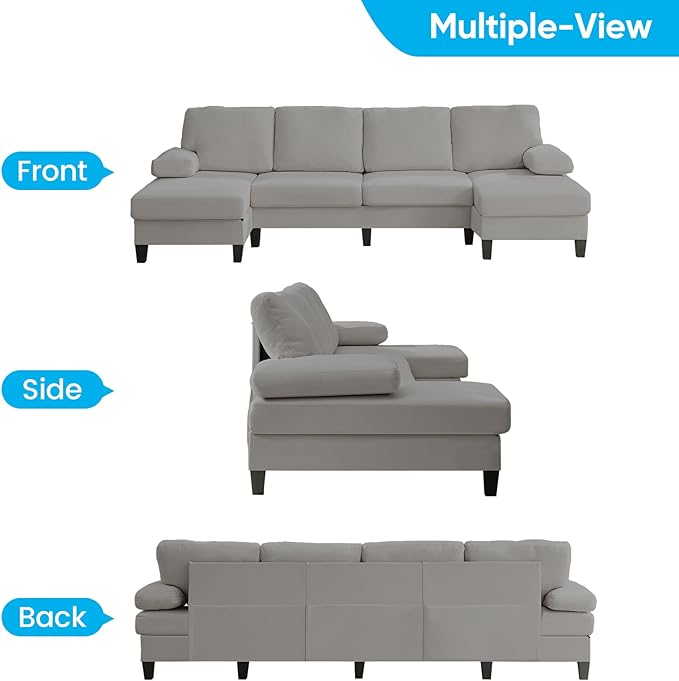 Mjkone 110 Width Sectional Couches with Chaises for Living Room U Shaped Cloud Sofa Couch with Ice Velvet Fabric Minimalist 4 Seater Sofa Set Living Room Sets Furniture for Home Office Light Grey