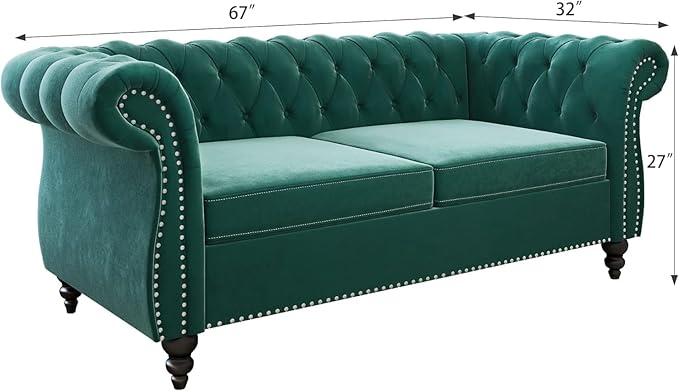 Chesterfield Loveseat Sofa Modern Velvet Small Sofa Couch 2 Seater with Rolled Arms and Nailhead Mid Century Modern Loveseat Couch for Small Spaces Living Room Bedroom Apartment Green