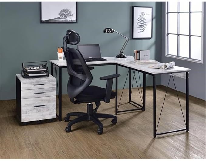 BOWERY HILL Wooden Writing Desk 35 W x 18 D x 28 H Antique White and Black Finish Rectangle Top with Metal Sled Base Rustic Industrial Style Home Office Workspace Furniture