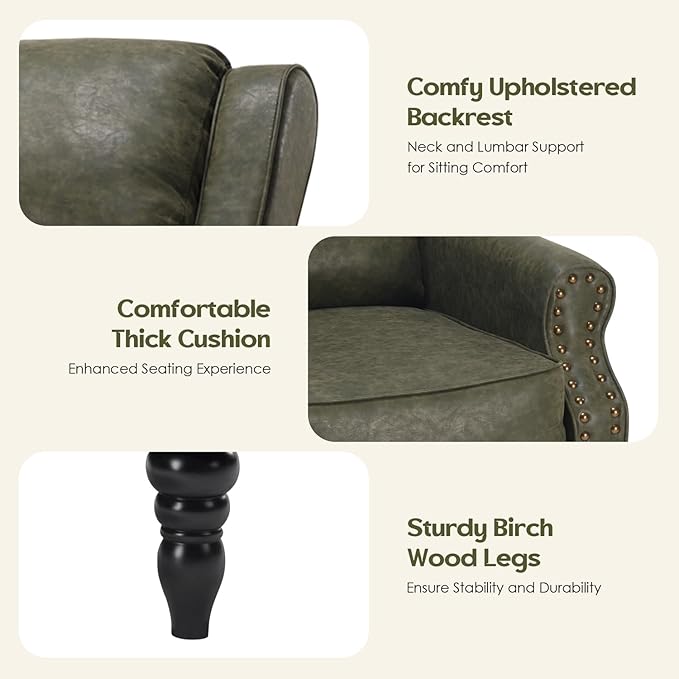 Leather Recliner Chair Pushback Recliner Chair with Adjustable Backrest Footrest Mid-Century Modern Living Room Reclining Chairs with Lumbar Support for Reading Bedroom (Dark Green)