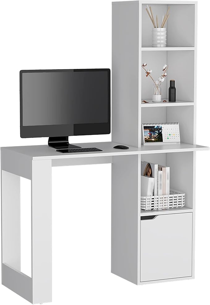 Writing Desk Computer Desk with Bookcase and Cabinet Interlocking Mechanism Easy Assembly White for Home Office