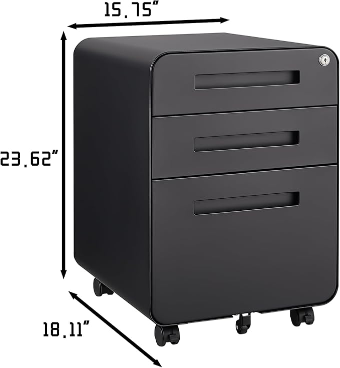 3 Drawer Mobile File Cabinet with Lock Under Desk Versatile Storage Cabinet for Legal/Letter/A4 5 Wheel Anti-Tilting Filing Cabinet Lockable Rolling Printer Stand for Home Office Black