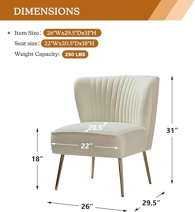 HULALA HOME Velvet Accent Chair Modern Upholstered Cute Side Chair with Gold Metal Legs Armless Wingback Slipper Chair Comfy Living Room Chair for Bedroom Guest Room VanityIvory