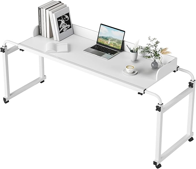 Adjustable Height Overbed Table Rolling Overbed Bedside Desk with Raised Baffle and Spacious Desktop Over BedTable with Wheels for Home Office Bedroom Hospital Use (White)