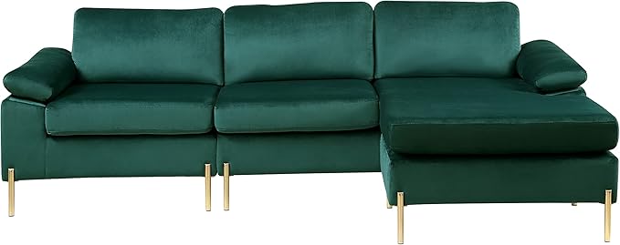 Favfurish 101 Velvet Upholstered Sectional Sofa with Chaise and Pillow Arms L-Shaped Solid/Manufatured Wood Loveseat Couch W/Removable Back &amp Cushionsfor Living RoomBedroomOfficeGreen