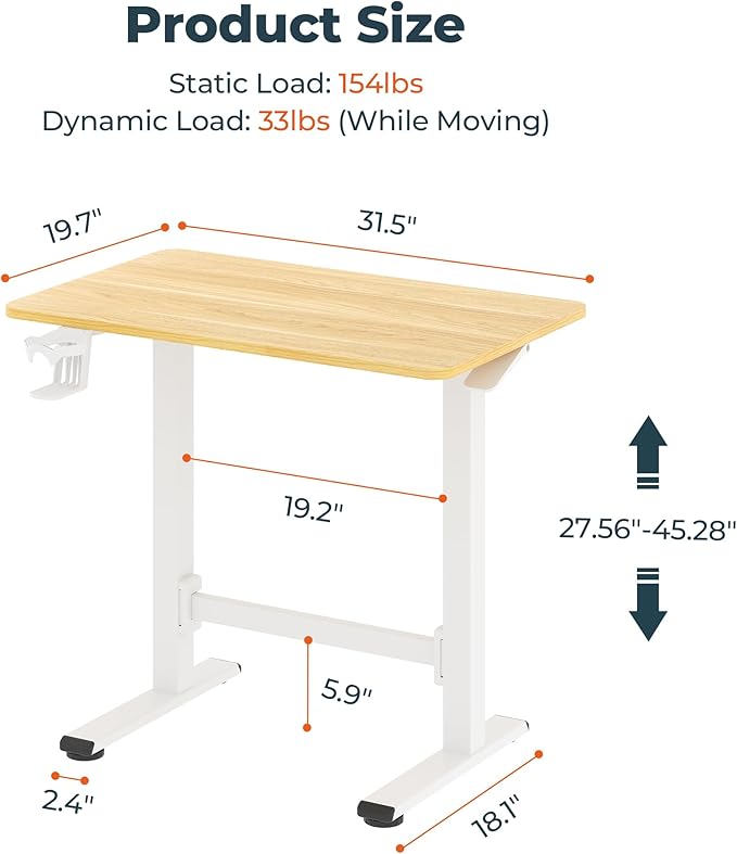 Small Pneumatic Adjustable Stand Up Desk Rolling One-Piece Standing Desk 31.5 x 19.7 Inch Home Office Desk Computer Workstation Maple