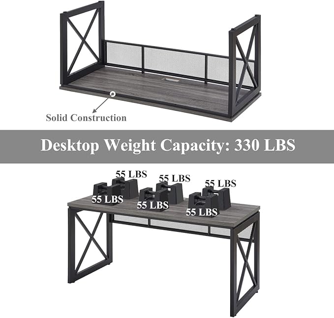 BON AUGURE Industrial Computer Desk Rustic Wood Desks for Home Office Sturdy Metal Writing Work Table (60 Inch Dark Grey Oak)