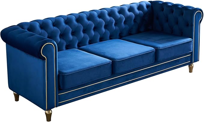 KEIKI 85 Chesterfield Velvet Tufted Button Sofa with Deep Seat Cushions and Rolled Arms Modern Style 3-Seater Couch Decorated with Gold Strip Easy Assembly for Living Room Bedroom Office Blue