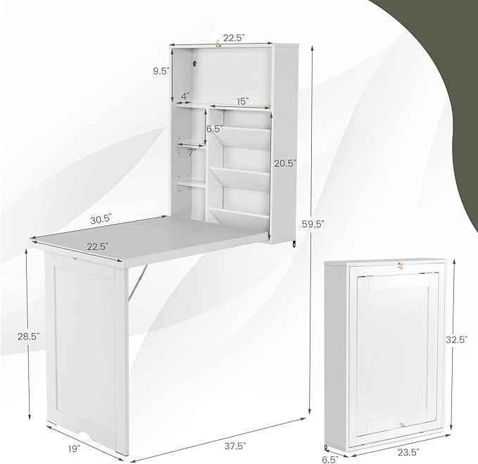 Folding Wall Mounted Desk Fold Down Table with Storage Shelves Wood Convertible Floating Table for Small Spaces Murphy Desk Wall Mount for Home Office (White)