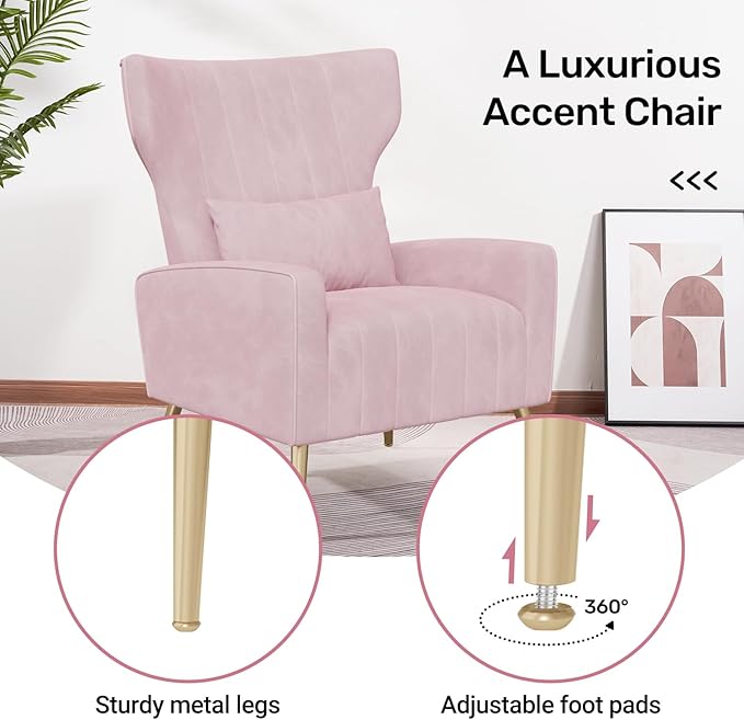 Velvet Accent Chair Set of 2Wingback for Living Room High Back Arm Chair with Golden Legs Lumbar Pillow Upholstered Single Sofa Bedroom Pink