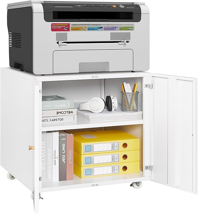 Office Furniture Copier Cabinet with Storage 2 Door Steel Mobile File Cabinet Printer Stand with Adjustable Shelf for Home Office (White 19.68 D x 23.62 W x 23.62 H)