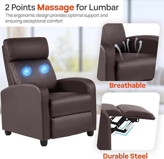 FDW Recliner Chair Massage Chair Reading Chair Reclining Sofa Home Theater Seating with Lumbar Support Massage and Padded Backrest for Living Room and Bedroom (Leather Brown)