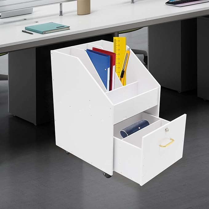 Mobile File Cabinet with Lock Freestanding Rolling File Cabinet with 6 Wheels 15.75x18.9x23.8in Under Desk File Organizer for Home Office Practical Handle (White)